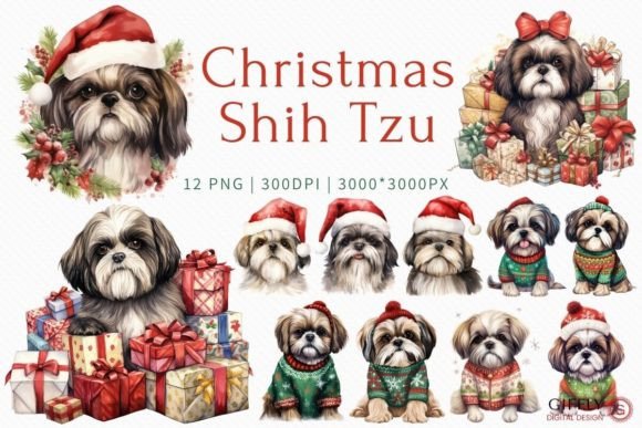 Christmas Shih Tzu Watercolor Clipart for Festive Illustrations