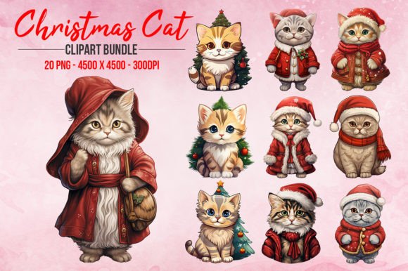 Cute Christmas Cat Clipart Bundle: Festive Illustrations