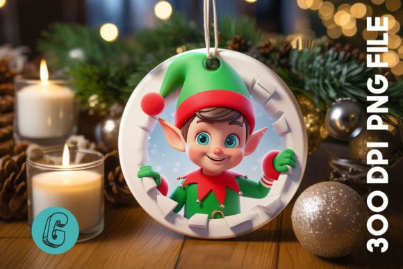 Cute ELF Christmas Ornament F 136: Festive Illustrations