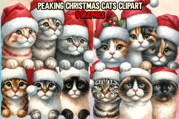 Peaking Christmas Cats Cliparts: Festive Illustrations