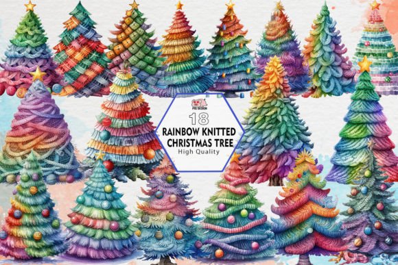 Rainbow Knitted Christmas Tree Clipart for Illustrations