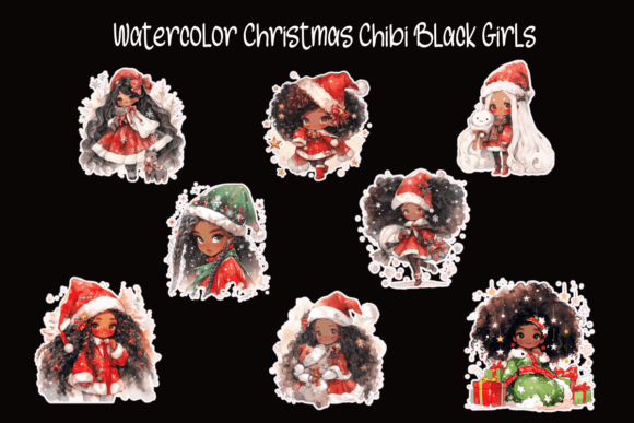 Watercolor Christmas Chibi Black Girl Illustrations Review