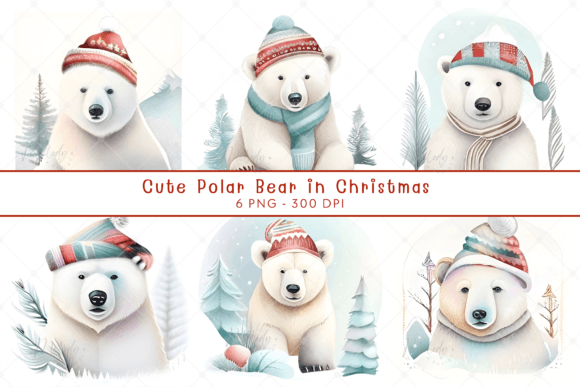 Watercolor Cute Polar Bear in Christmas Illustrations